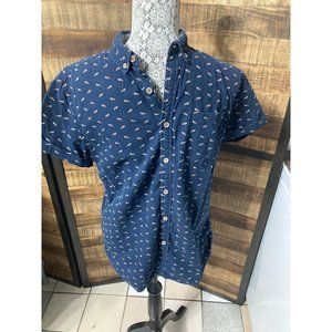 Unisex Denim & Flower All-over Fox Print Button Up Hawaiian Top Short SzM LVM118